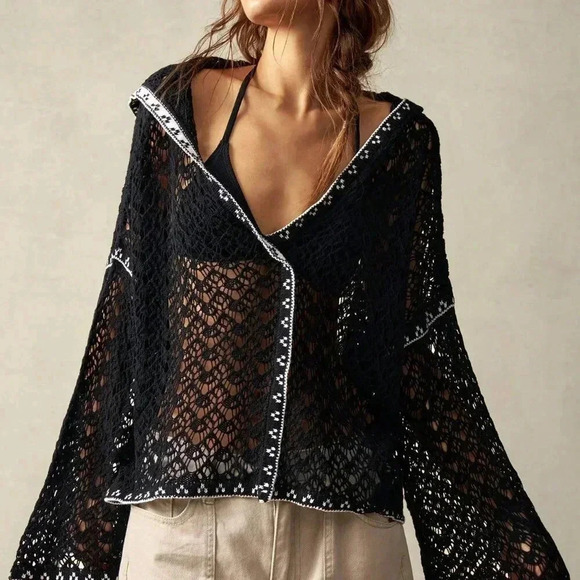 Black Casual Women's V-Neck Drop Shoulder Long Sleeve Loose Sweater - Picture 6 of 7